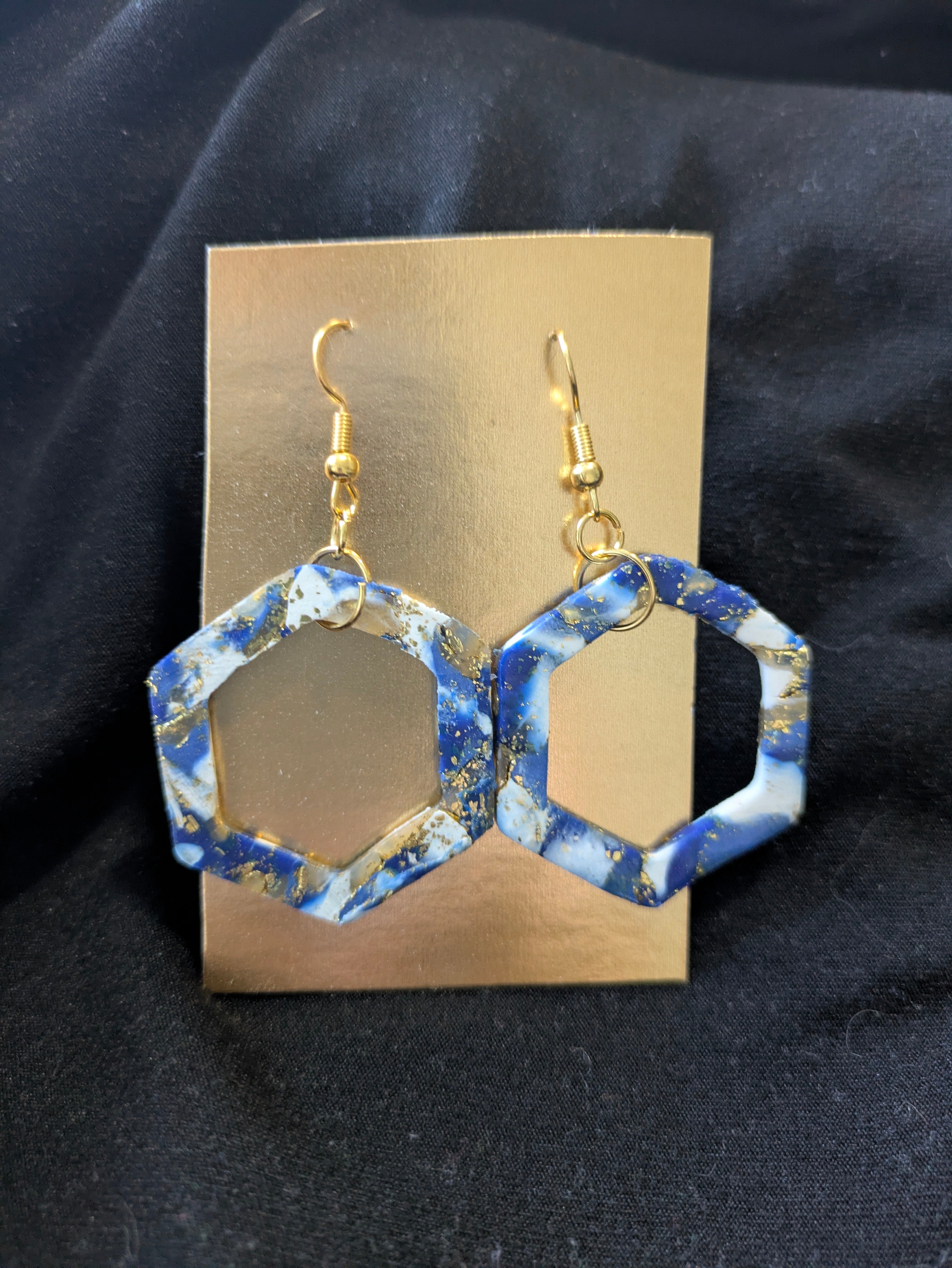Blues and white translucent and gold foil Large hexagon